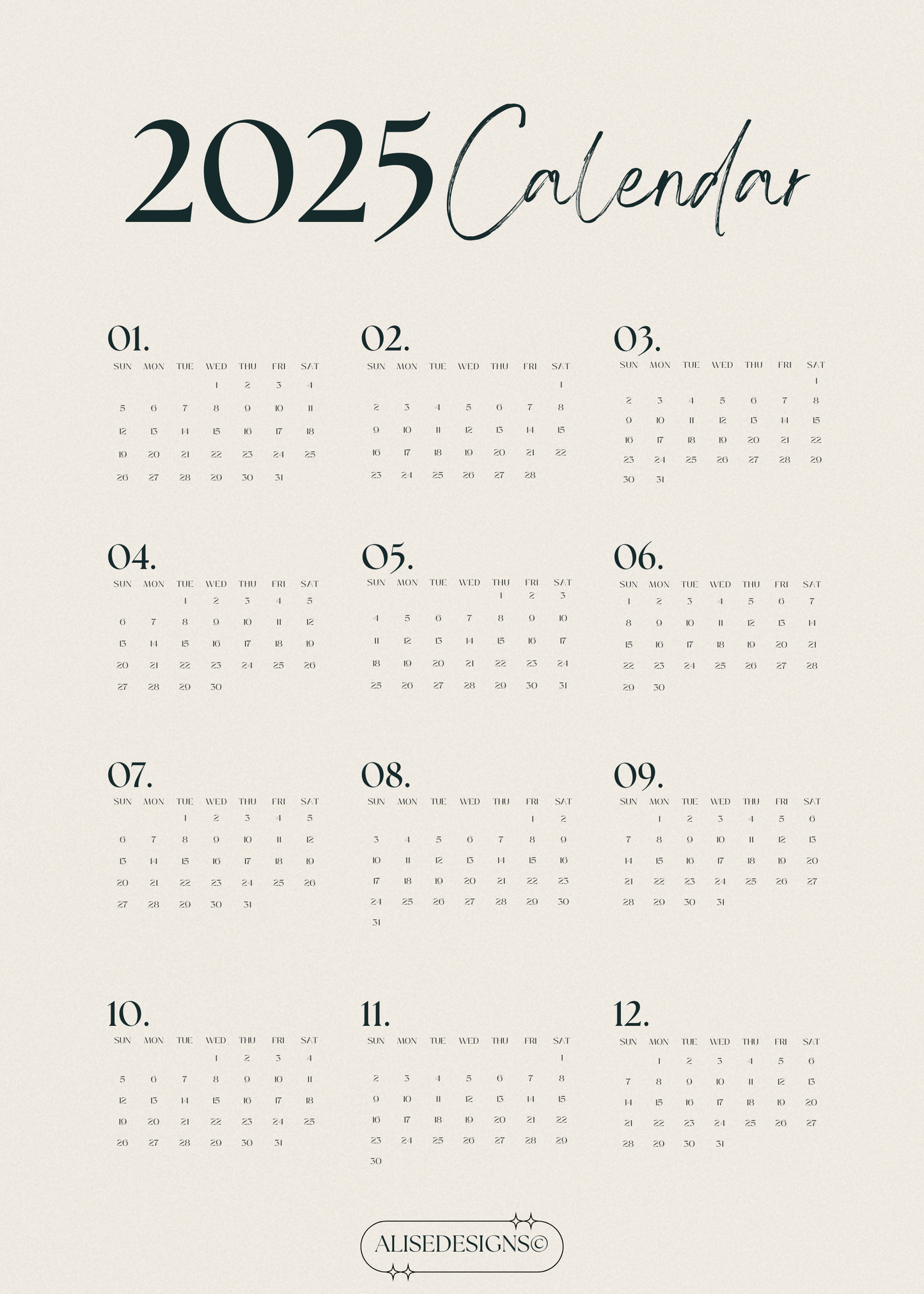Minimalist 2025 Poster Printable - Modern Elegant Yearly Overview Calendar for Home & Office