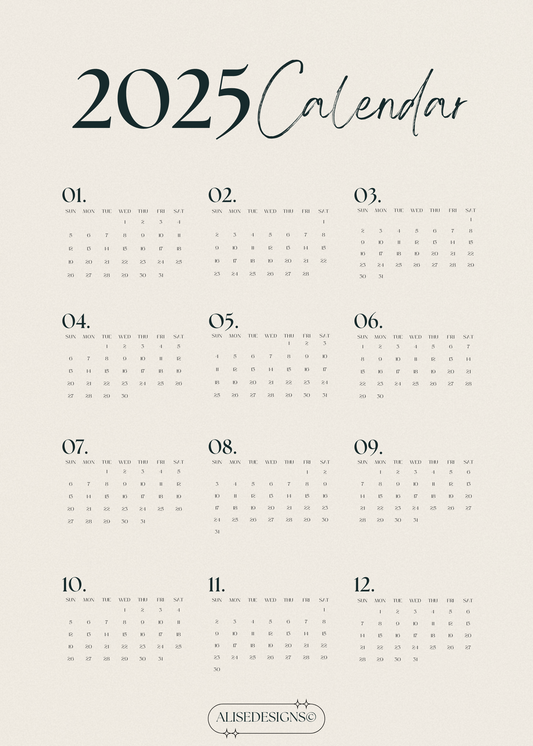 Minimalist 2025 Poster Printable - Modern Elegant Yearly Overview Calendar for Home & Office