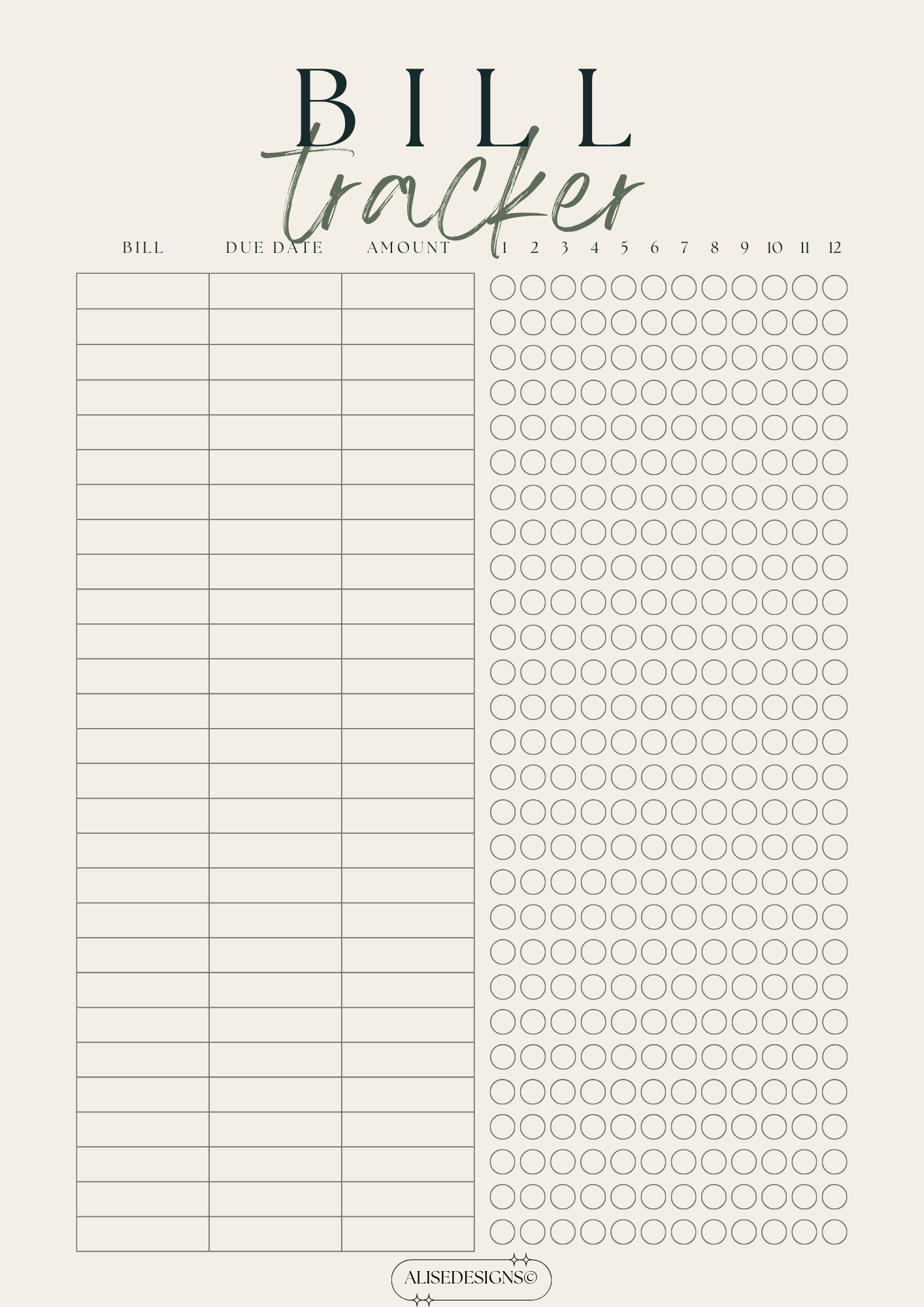 Printable Bill Tracker - Minimalist Monthly Bill Organizer | Finance Planner | Budget Tracker for Financial Organization