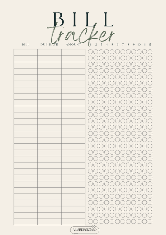 Printable Bill Tracker - Minimalist Monthly Bill Organizer | Finance Planner | Budget Tracker for Financial Organization